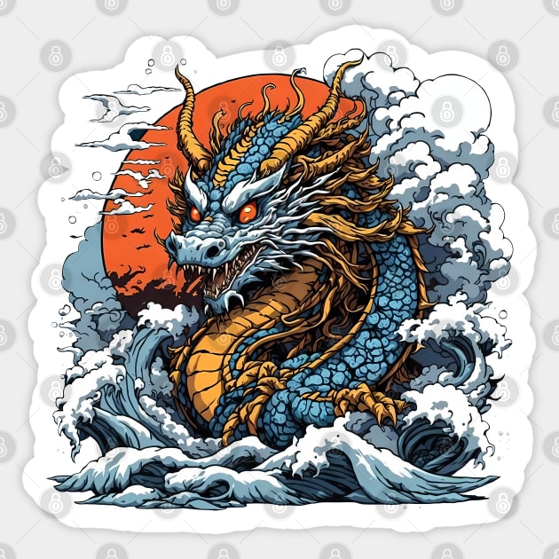 Dragon against the backdrop of a setting sun bathed in ocean waves Sticker by T-Shirt Paradise